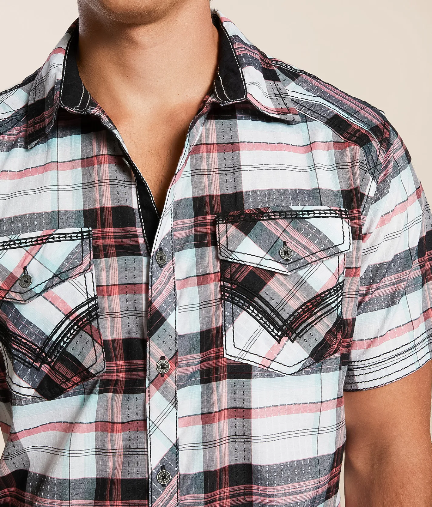 Tops | Buckle Black Plaid Standard Stretch Shirt Black White Pink