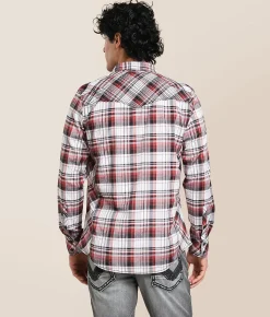 Buckle Black Plaid Standard Stretch Shirt White Black Red Online