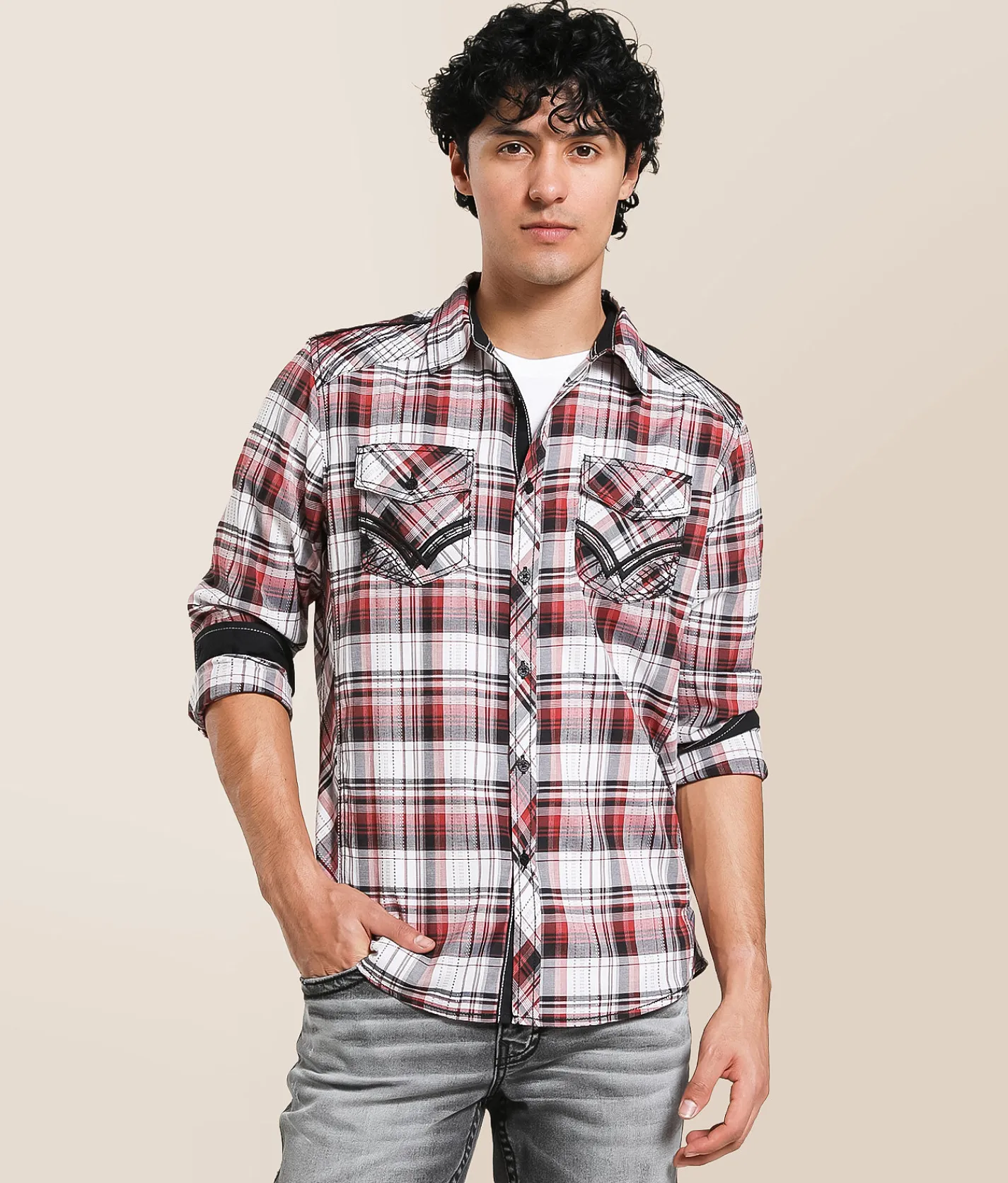 Buckle Black Plaid Standard Stretch Shirt White Black Red Online