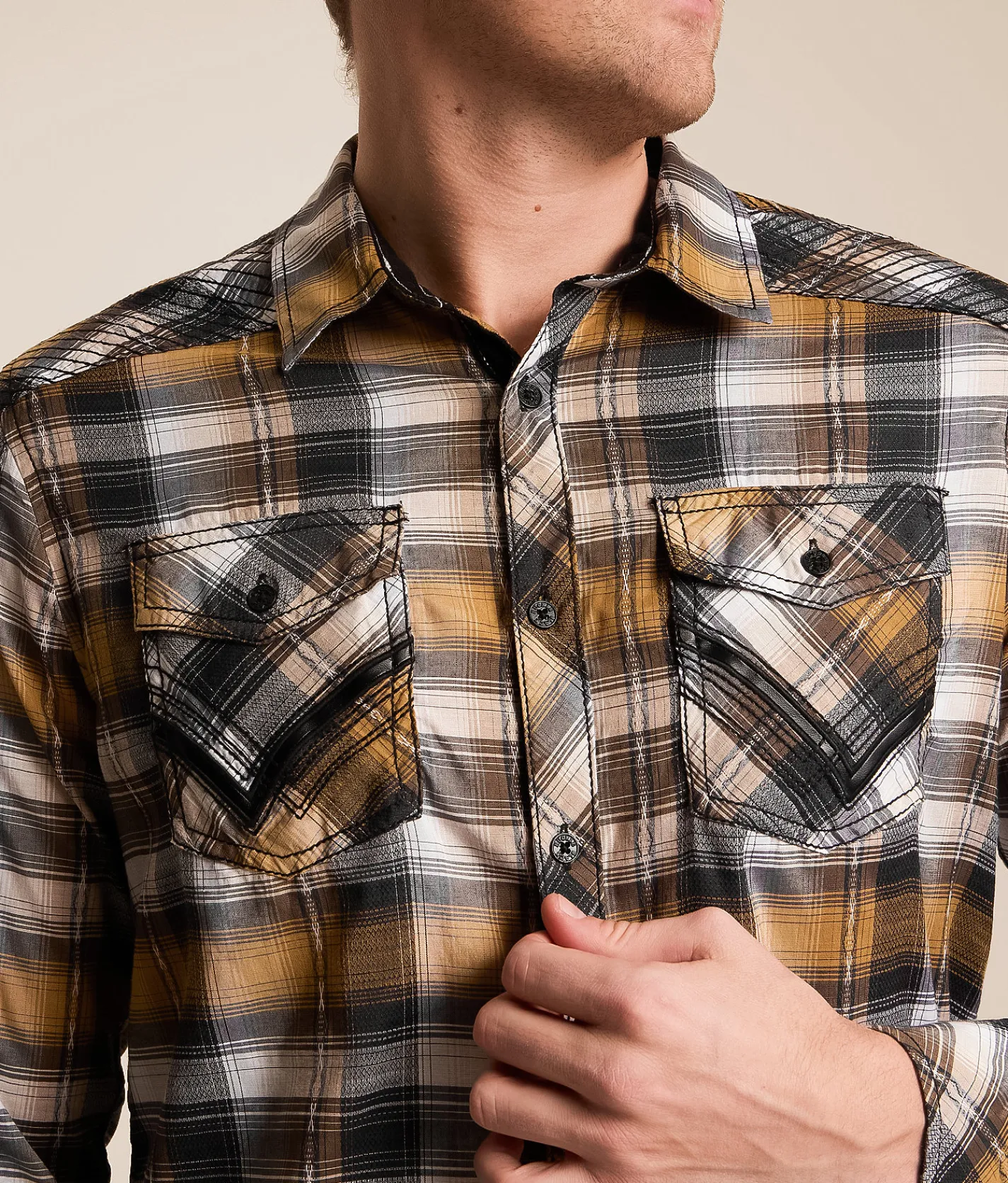Tops | Buckle Black Plaid Standard Stretch Shirt Black Gold