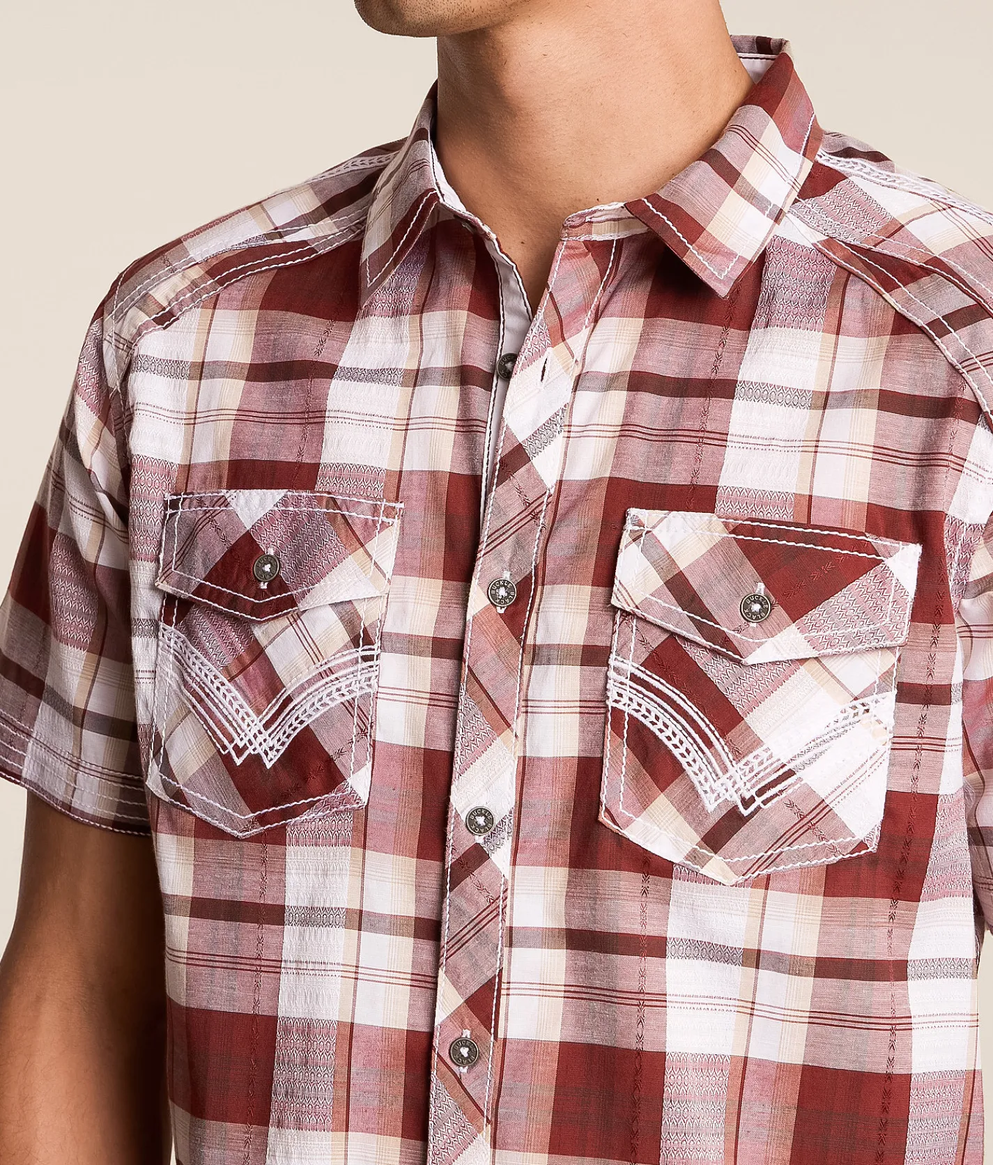Tops | Buckle Black Plaid Standard Stretch Shirt White Red Brown