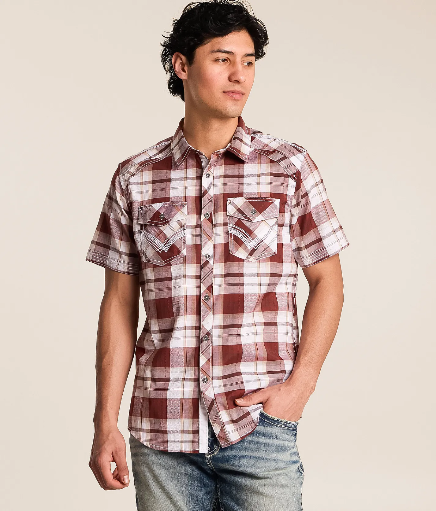 Tops | Buckle Black Plaid Standard Stretch Shirt White Red Brown