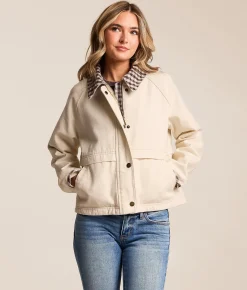 Tops|Coats & Jackets | Blu Pepper Plaid Trim Denim Jacket Cream