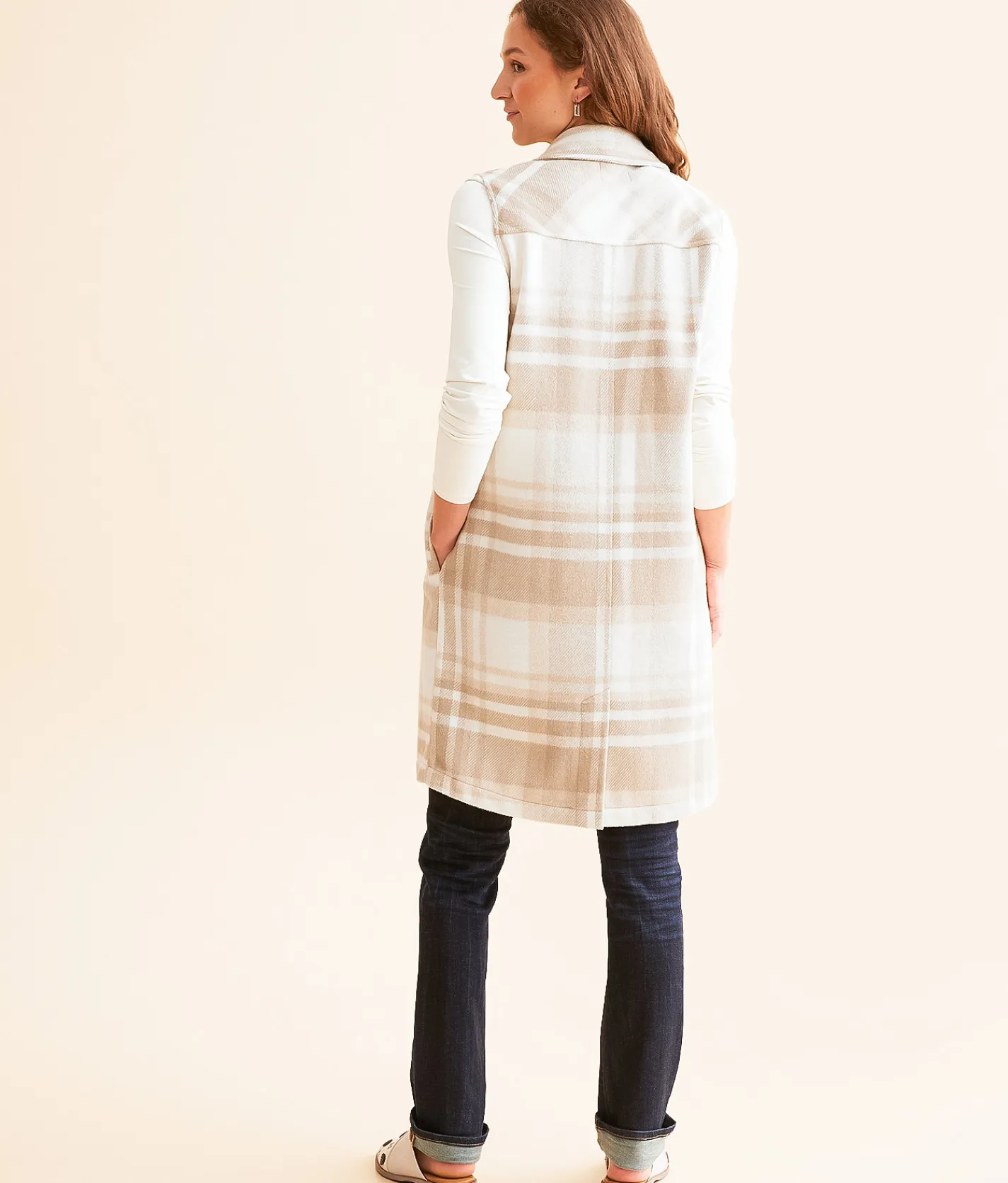 Open SZN Plaid Tunic Vest Beige Off White Best
