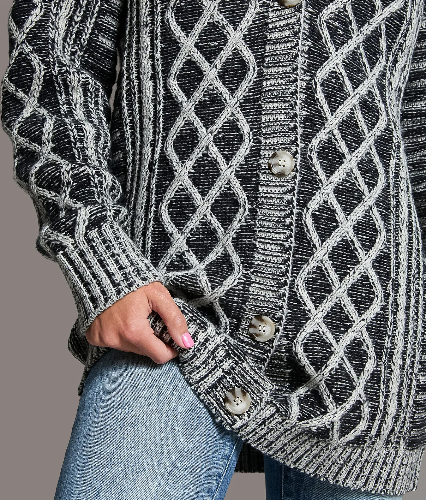 BKE Plated Cable Stitch Cardigan Sweater Plated Black Best