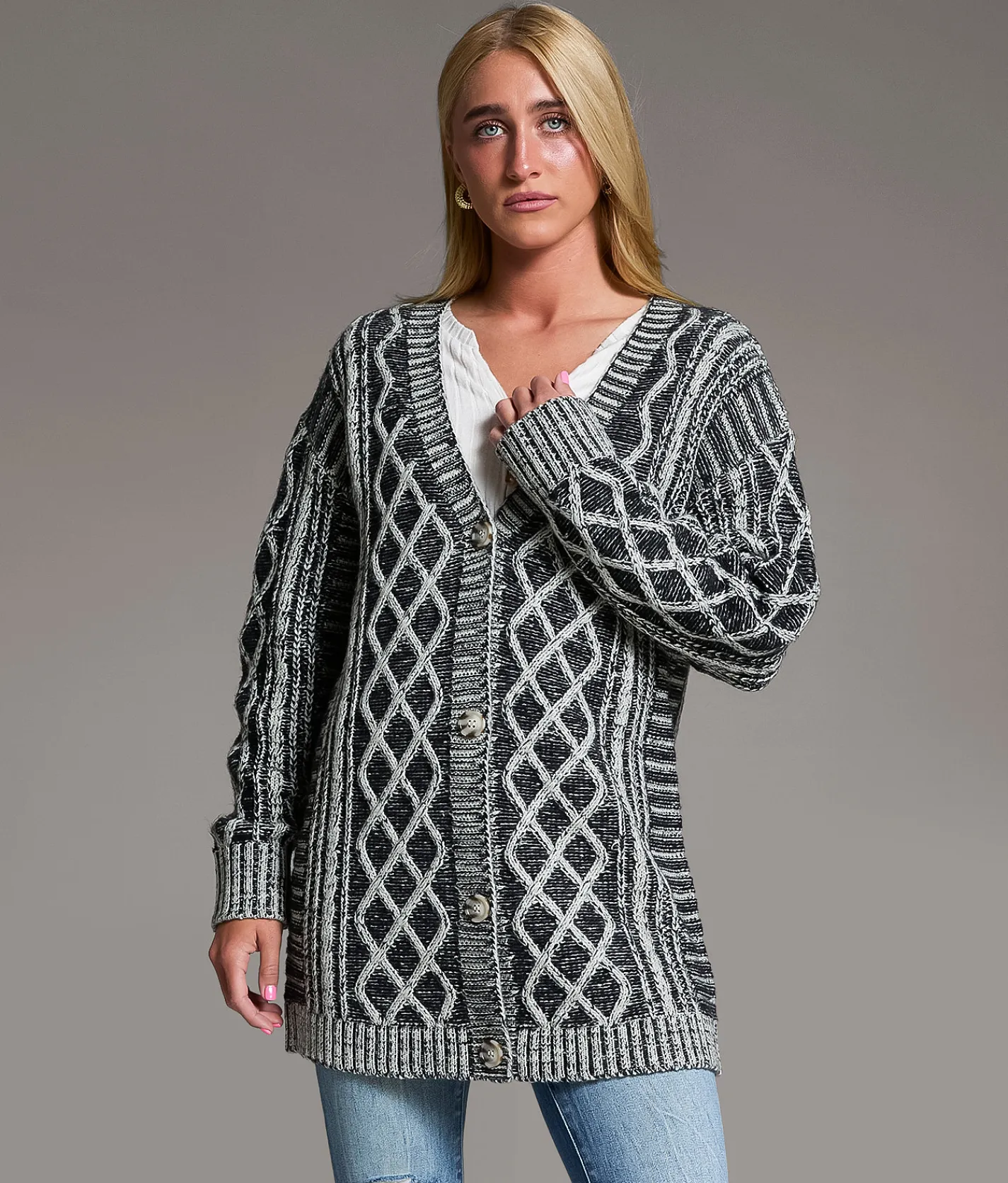 BKE Plated Cable Stitch Cardigan Sweater Plated Black Best