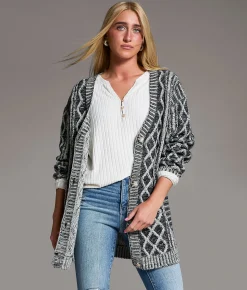BKE Plated Cable Stitch Cardigan Sweater Plated Black Best