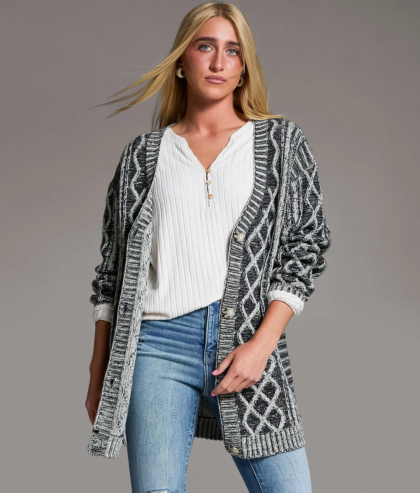 BKE Plated Cable Stitch Cardigan Sweater Plated Black Best