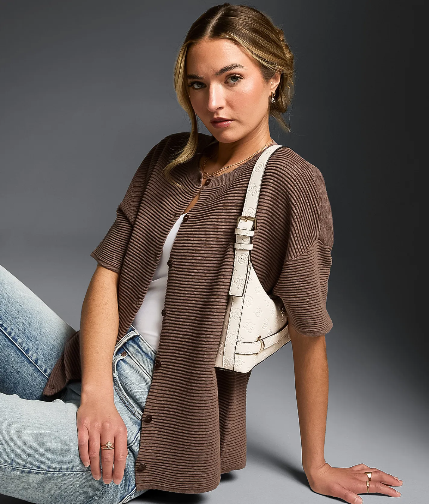 Tops | Buckle Black Pleated Cardigan Sweater Deep Taupe