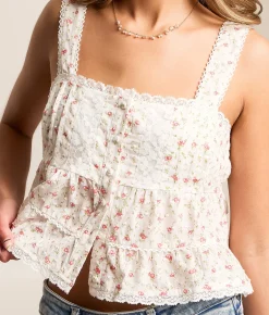 Lush Pleated Floral Cropped Tank Top White Multi Discount