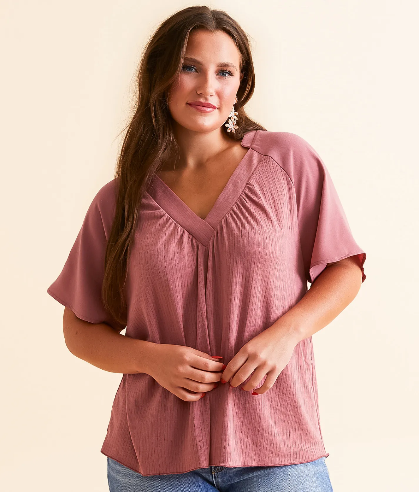 Daytrip Pleated V-Neck Top Deco Rose New