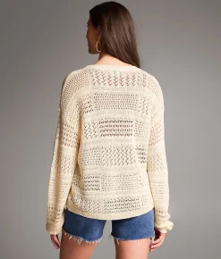 BKE Pointelle Blocked Sweater Cream Discount