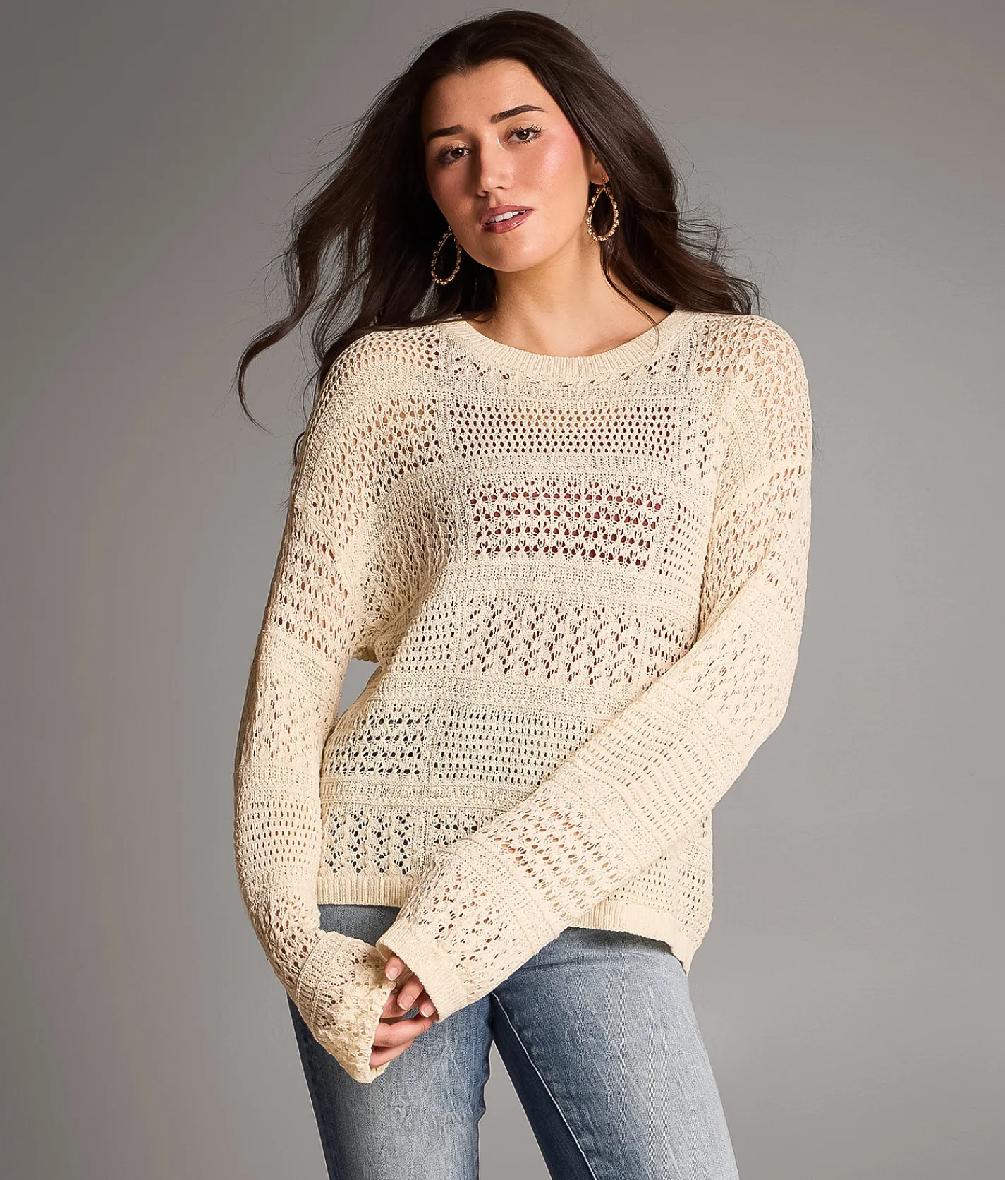 BKE Pointelle Blocked Sweater Cream Discount