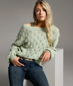 BKE Pointelle Boatneck Sweater Frosty Green Sale