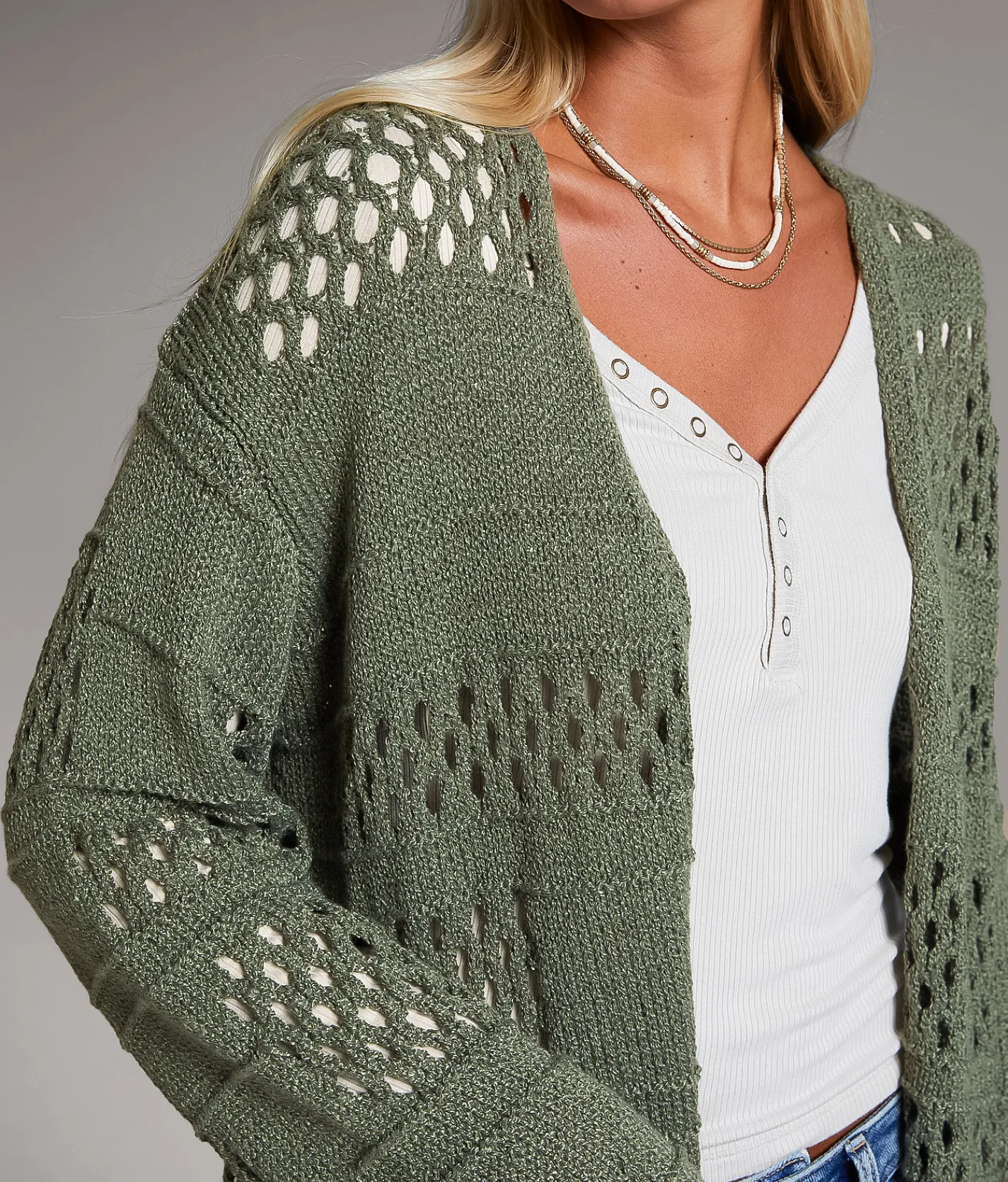 Tops | BKE Pointelle Cardigan Sweater Thyme