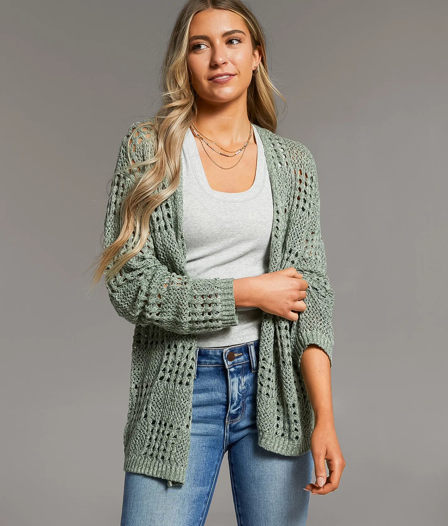 BKE Pointelle Cardigan Sweater Green Marl Sale