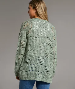 BKE Pointelle Cardigan Sweater Green Marl Sale