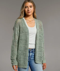 BKE Pointelle Cardigan Sweater Green Marl Sale