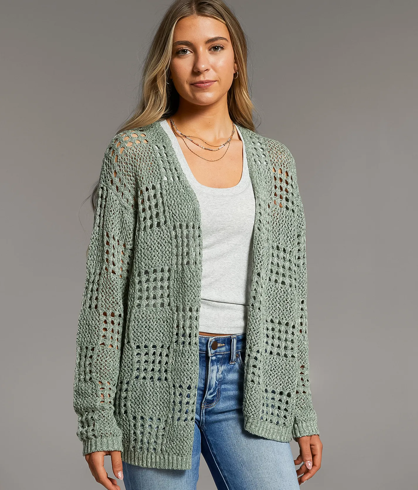 BKE Pointelle Cardigan Sweater Green Marl Sale