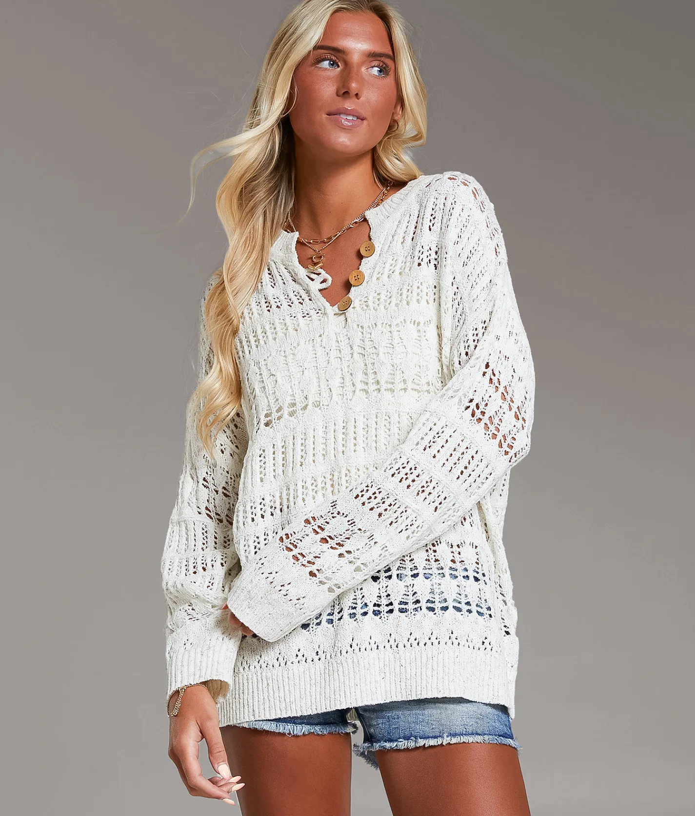 Tops | BKE Pointelle Henley Sweater Cream Marl