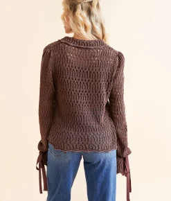Free People Pointelle Henley Sweater Chicory Coffee
