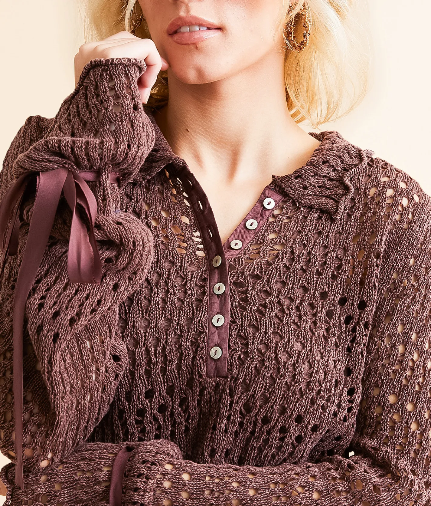 Free People Pointelle Henley Sweater Chicory Coffee