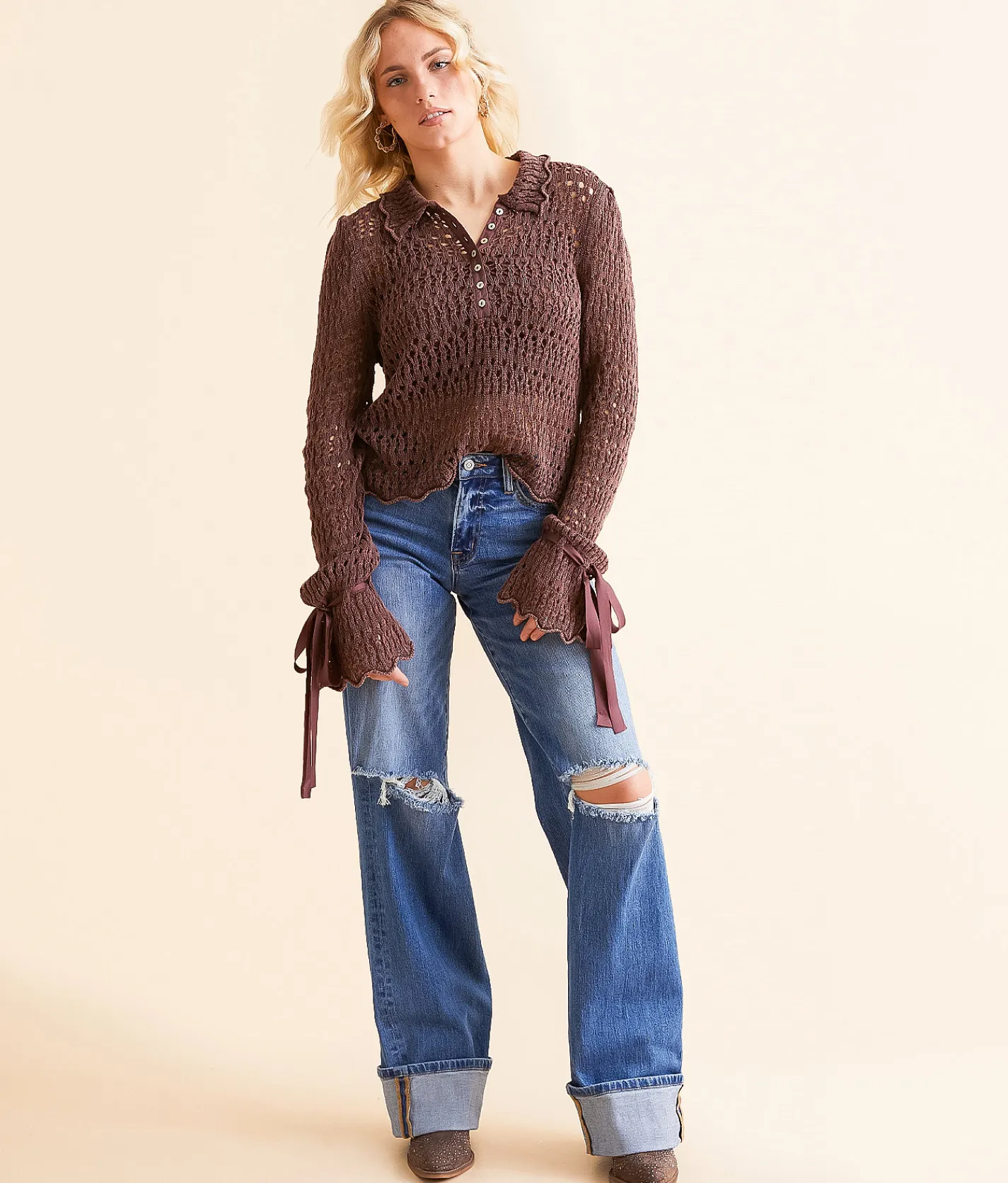 Free People Pointelle Henley Sweater Chicory Coffee