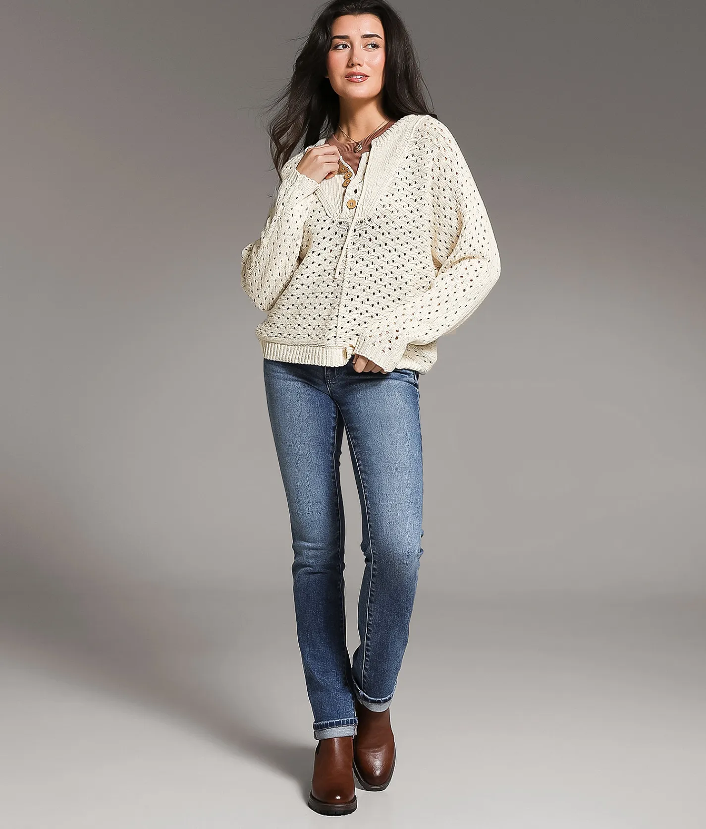 Tops | BKE Pointelle Henley Sweater Cream