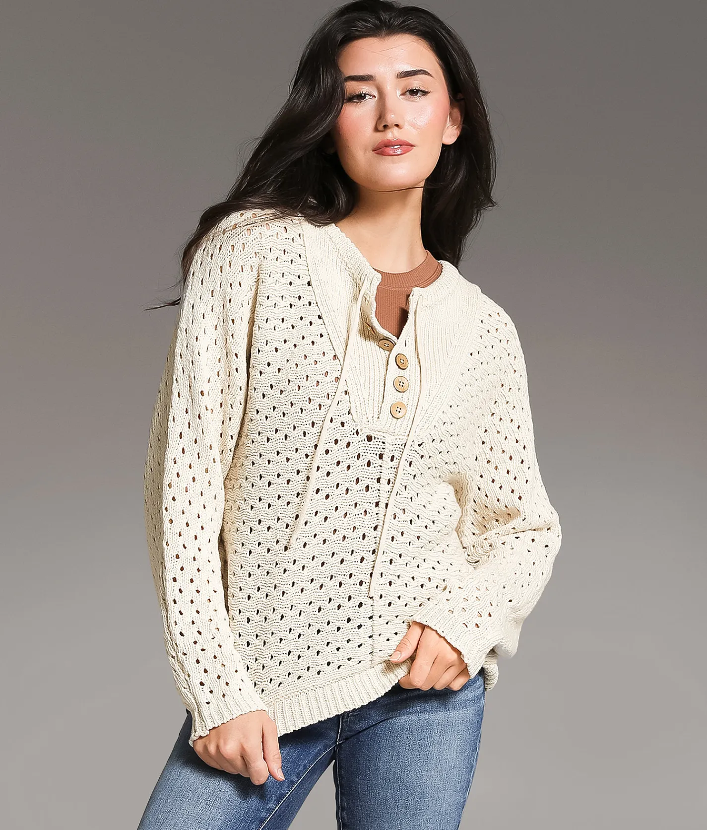 Tops | BKE Pointelle Henley Sweater Cream