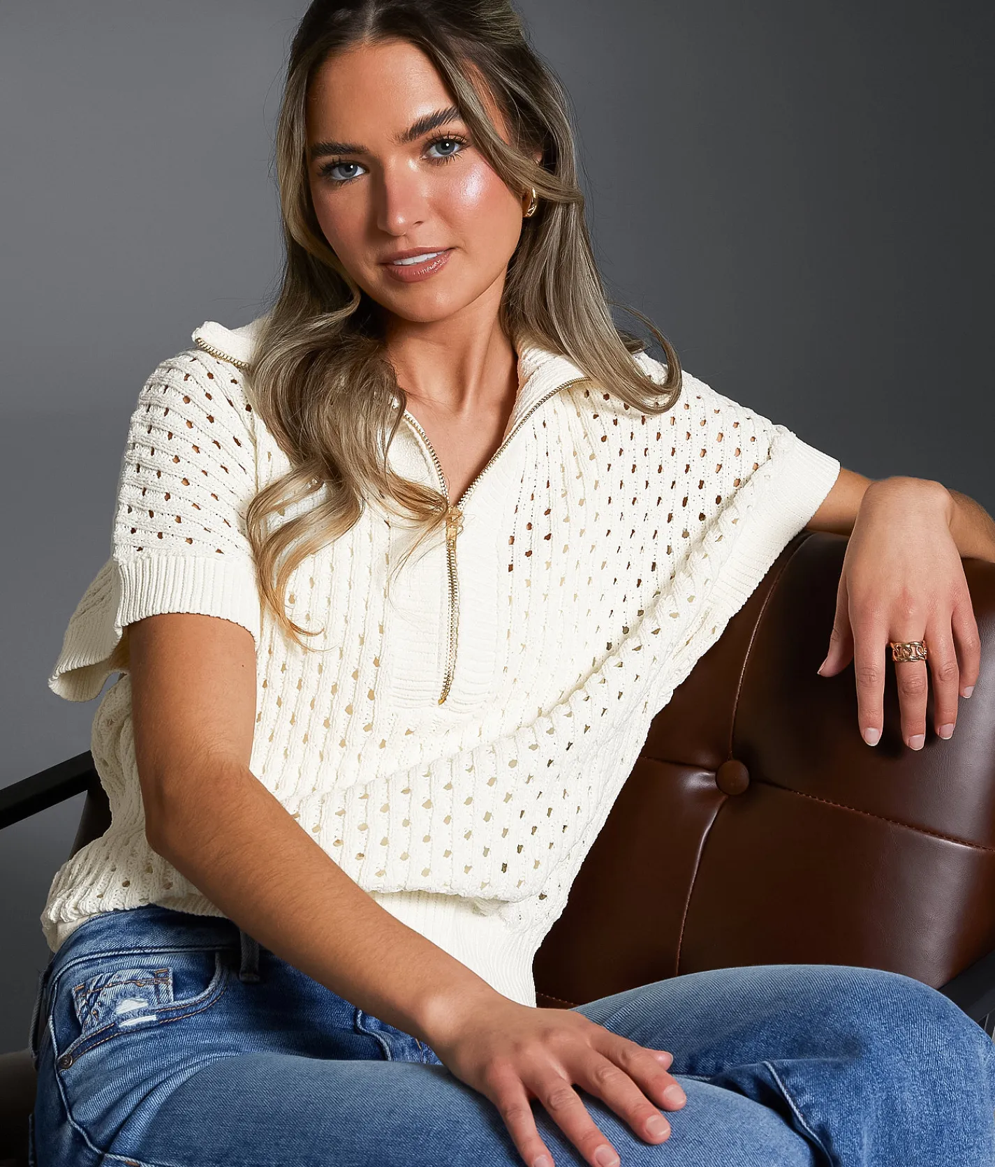 Buckle Black Pointelle Quarter Zip Sweater Cream Outlet
