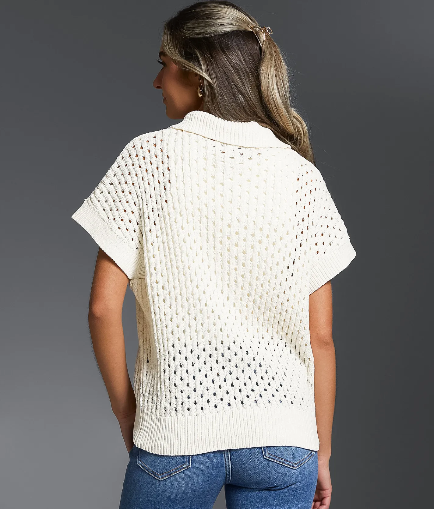 Buckle Black Pointelle Quarter Zip Sweater Cream Outlet