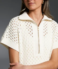 Buckle Black Pointelle Quarter Zip Sweater Cream Outlet