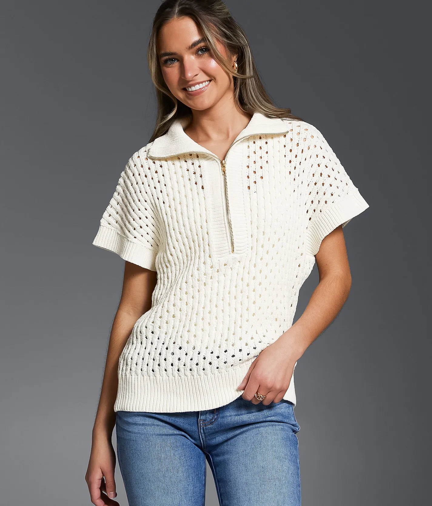 Buckle Black Pointelle Quarter Zip Sweater Cream Outlet