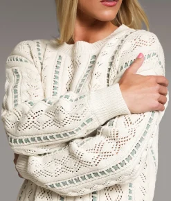 BKE Pointelle Striped Sweater Ivory Mint Discount