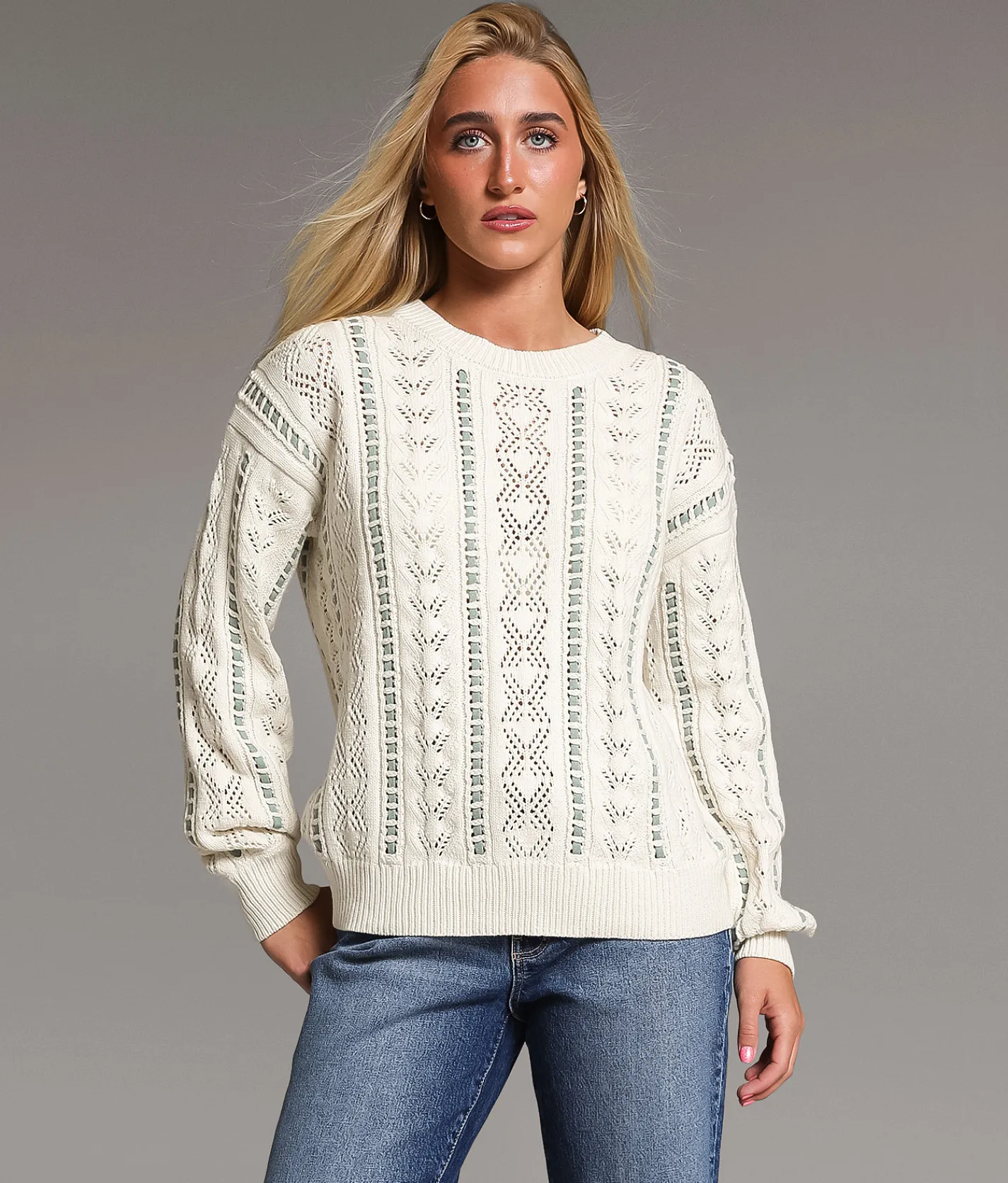 BKE Pointelle Striped Sweater Ivory Mint Discount