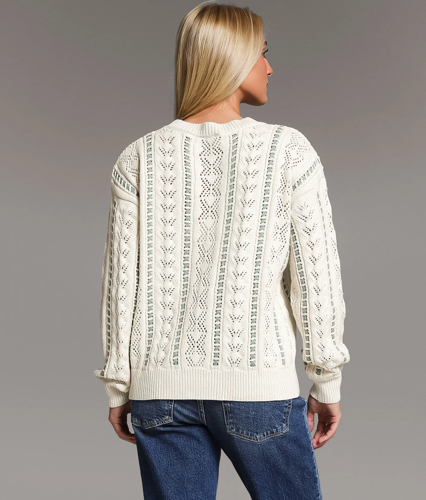 BKE Pointelle Striped Sweater Ivory Mint Discount