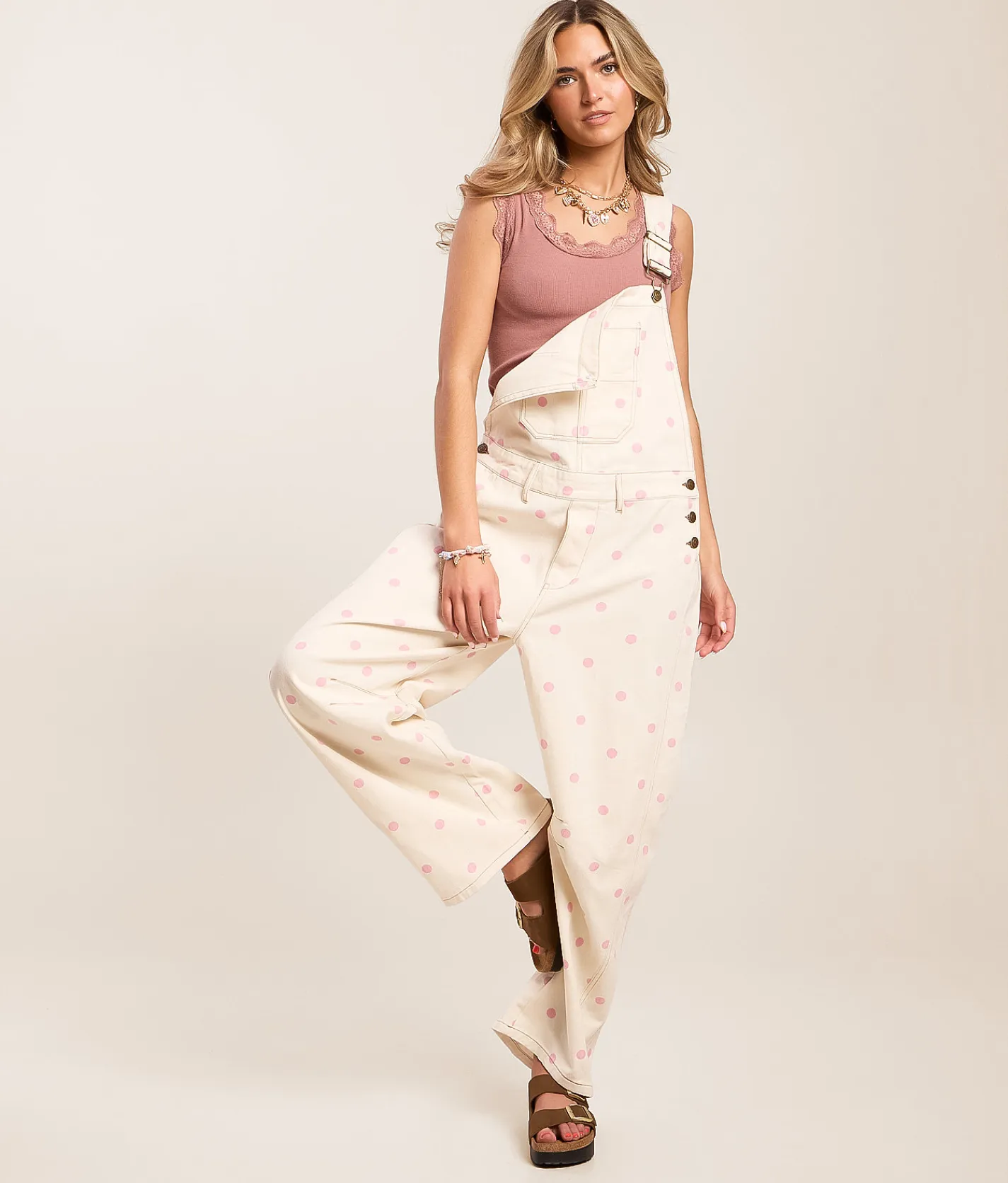 Peach Love California Polka Dot Barrel Overall Cream Pink Sale