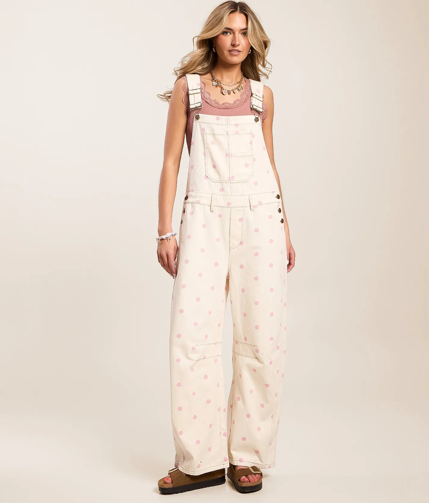 Peach Love California Polka Dot Barrel Overall Cream Pink Sale