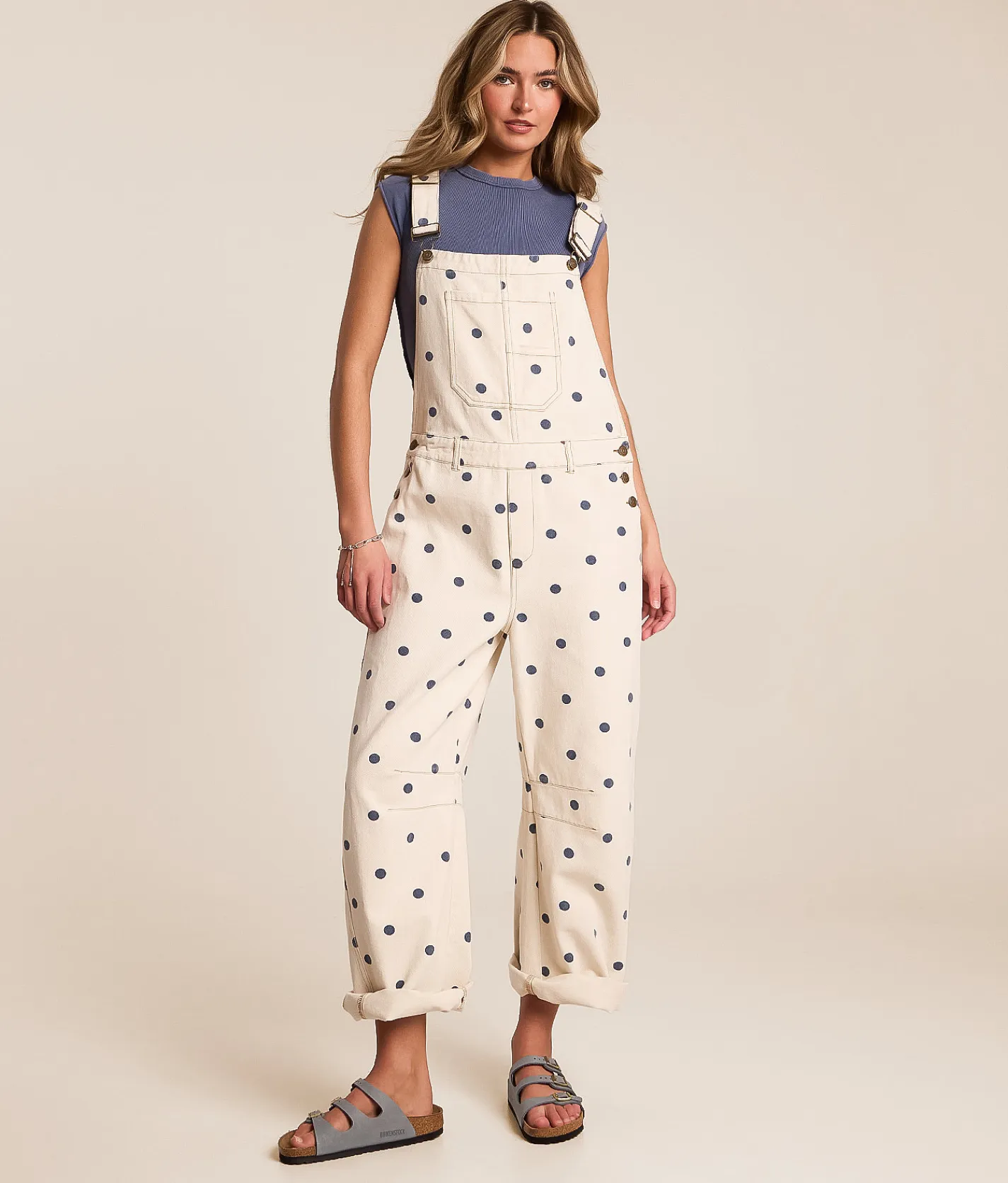 Rompers & Jumpsuits | Peach Love California Polka Dot Barrel Overalls Cream Navy