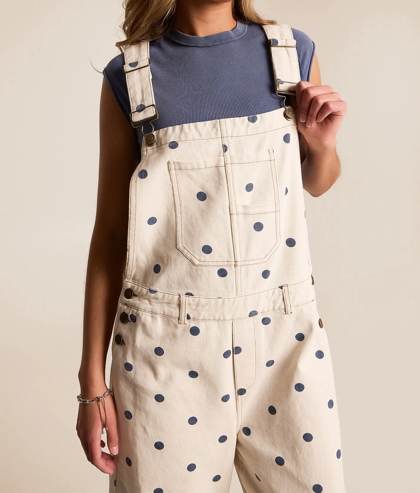 Rompers & Jumpsuits | Peach Love California Polka Dot Barrel Overalls Cream Navy