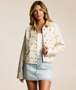 Peach Love California Polka Dot Denim Jacket Cream Tan Best