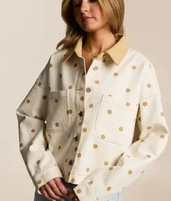 Tops | Peach Love California Polka Dot Denim Jacket Cream Tan