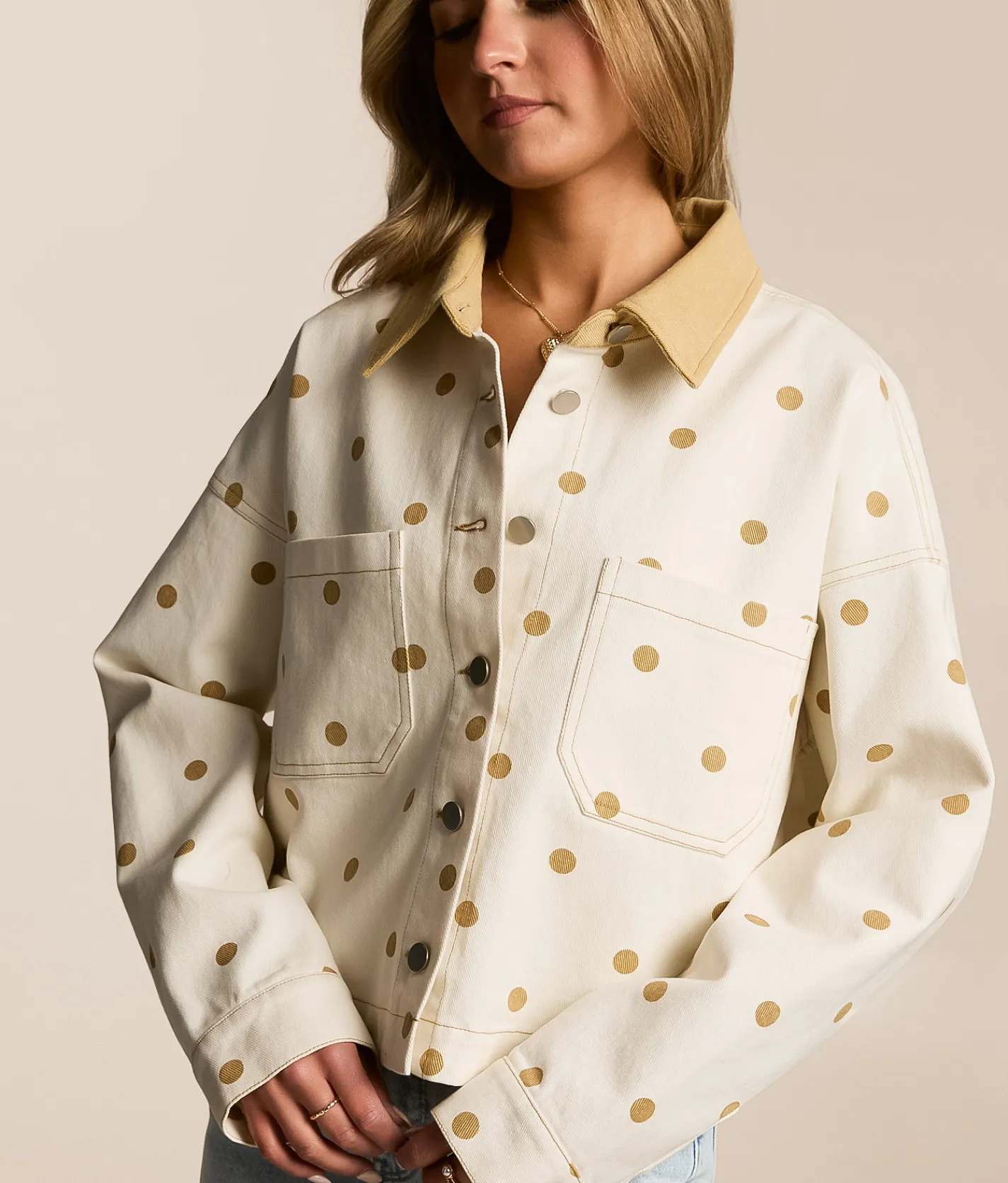 Tops | Peach Love California Polka Dot Denim Jacket Cream Tan