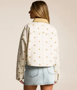 Tops | Peach Love California Polka Dot Denim Jacket Cream Tan