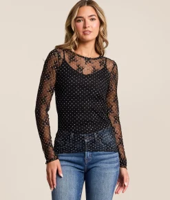 Tops | Willow & Root Polka Dot Floral Lace Top Black