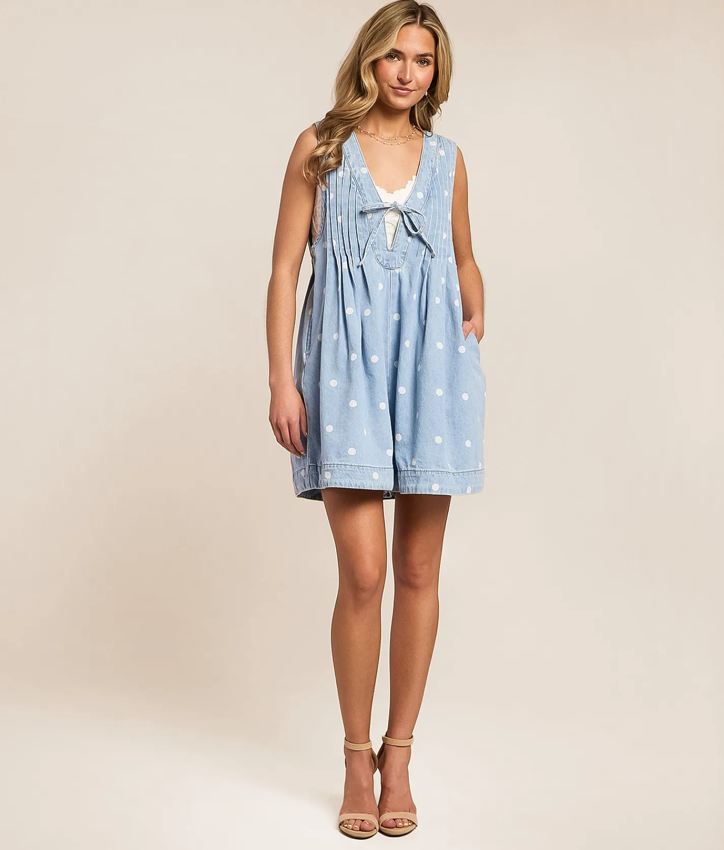 Veveret Polka Dot Front Tie Denim Romper Light Wash Outlet