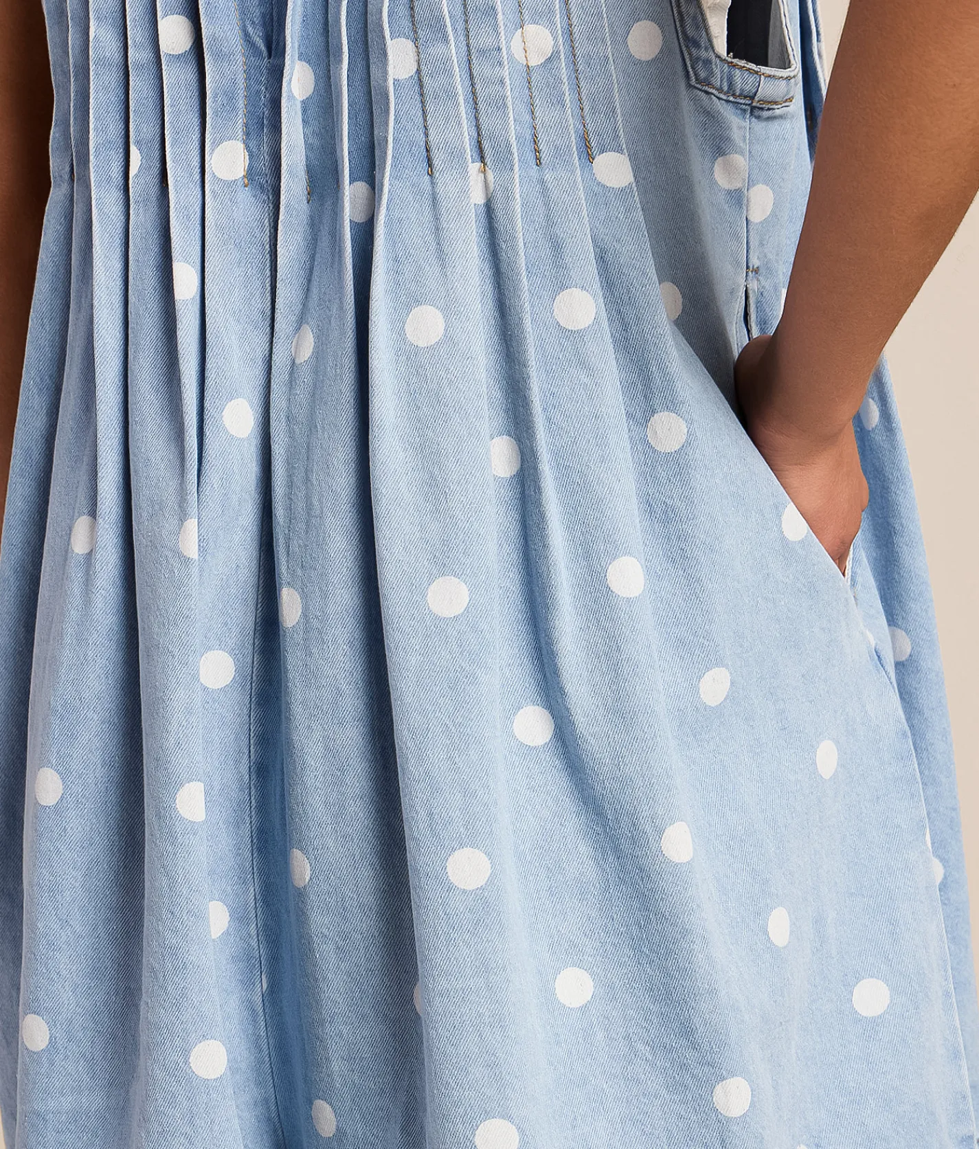 Veveret Polka Dot Front Tie Denim Romper Light Wash Outlet