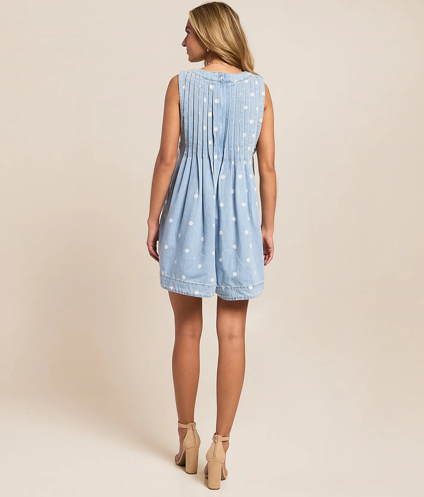 Veveret Polka Dot Front Tie Denim Romper Light Wash Outlet