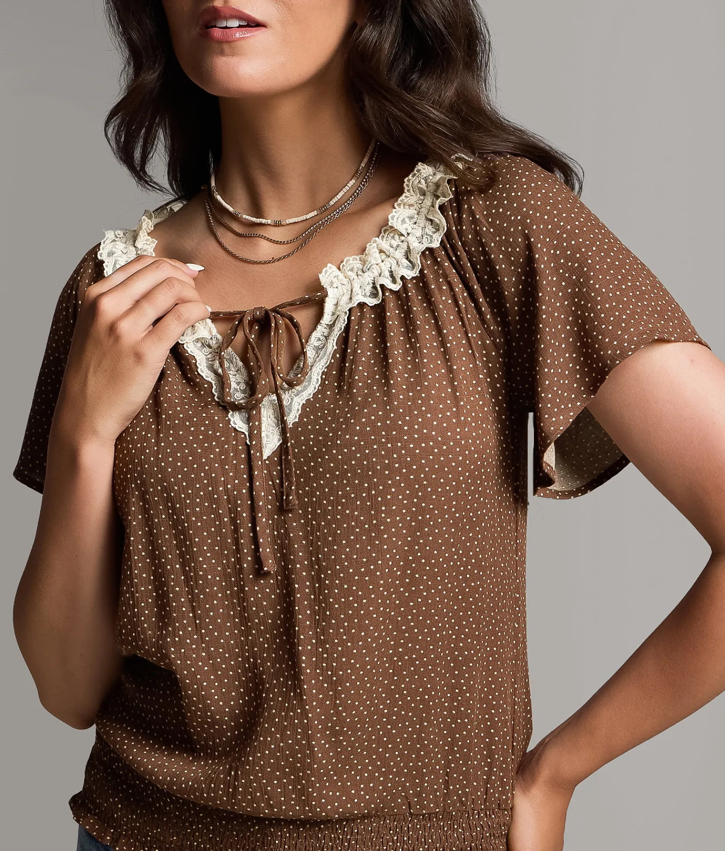 Tops | BKE Polka Dot Lace Top Coco Cream
