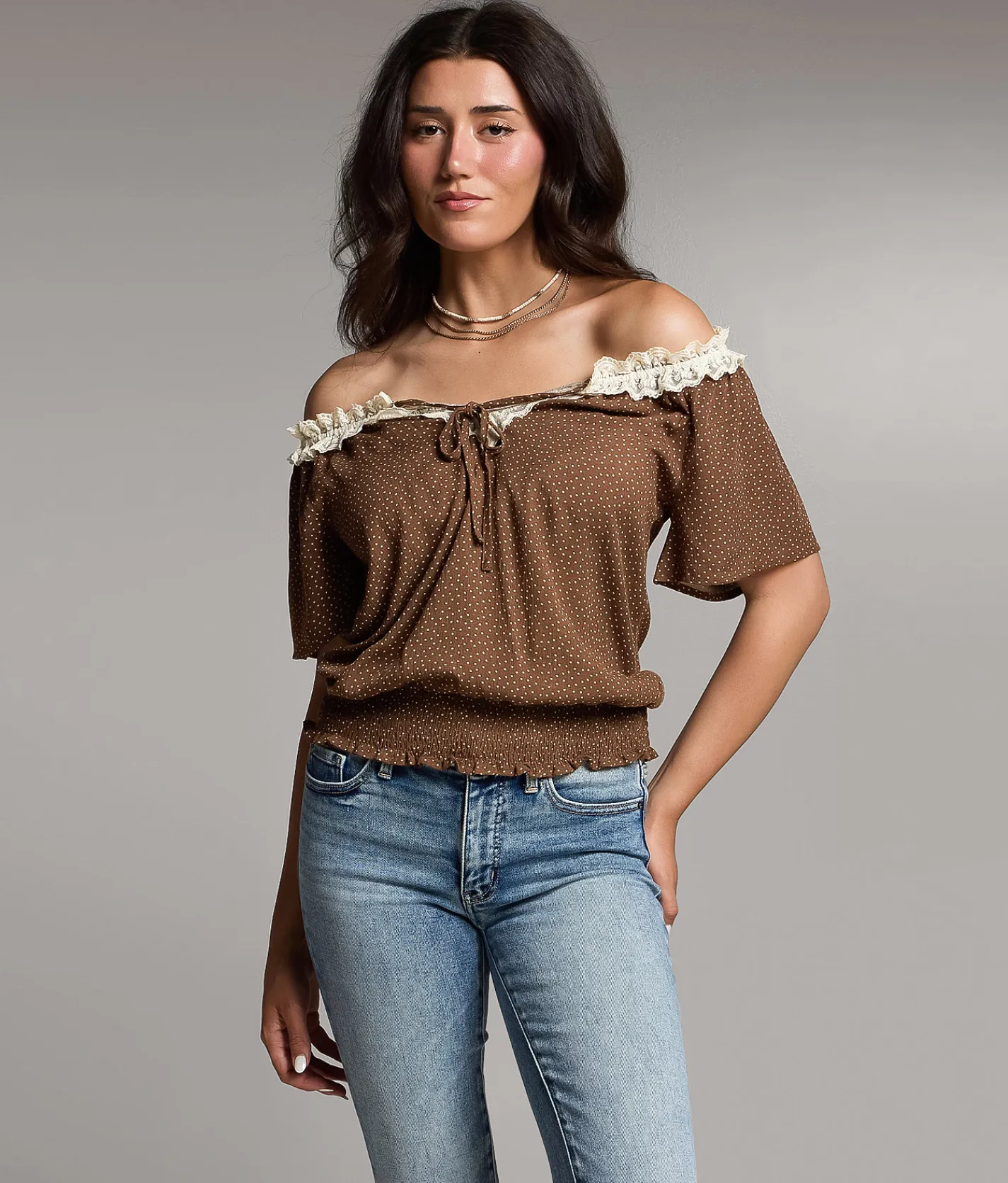 Tops | BKE Polka Dot Lace Top Coco Cream